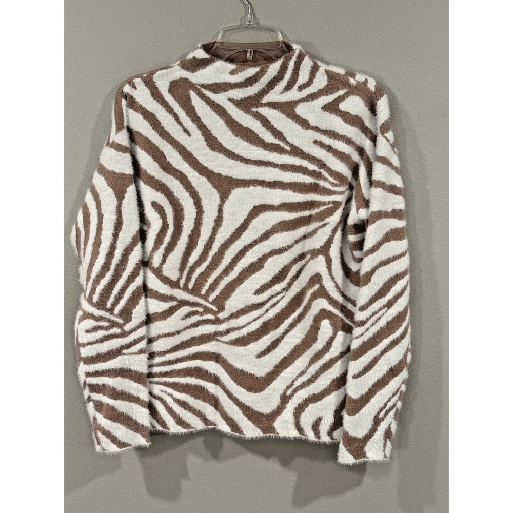 Rachel Zoe Beige & White Fuzzy Knit Sweater Mock Neck Super Soft Womens S